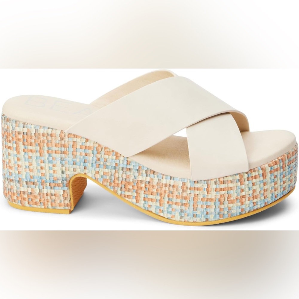 Matisse Cream Crossband Platform Sandals with Multicolor Woven Heel